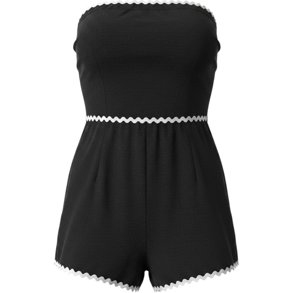Princess Polly Black Ric Rac Trim Strapless Romper Linen Blend US12 Smocked Back